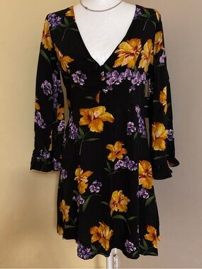 Forever 21 Contemporary Black Floral Woven Dress with Yellow & Purple Blooms M